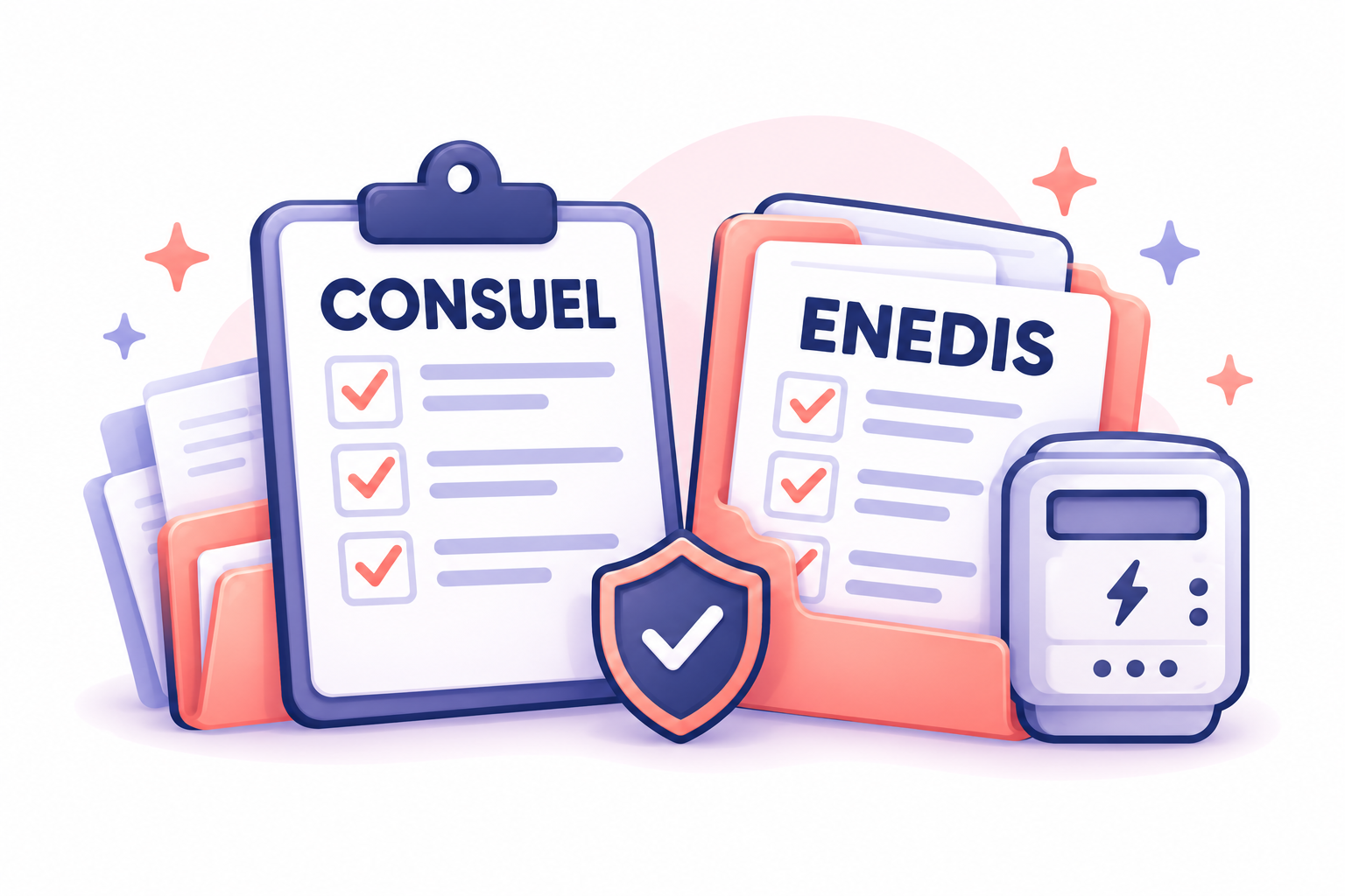 Dossiers Consuel et Enedis accompagnés d’un compteur électrique